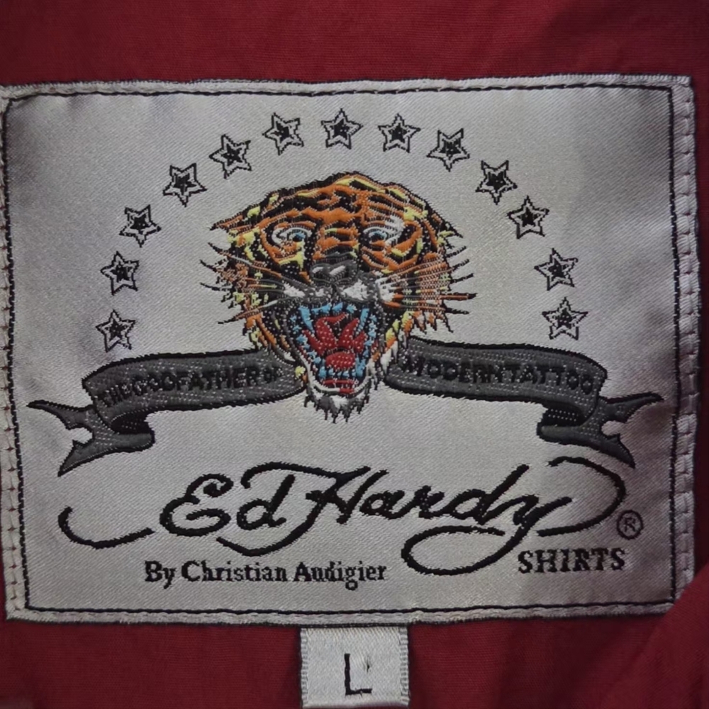 VINTAGE ED HARDY RED BUTTON DOWN SHIRT. MENS (L) DEAD OR ALIVE BLING ☆RARE☆ - Picture 8 of 9